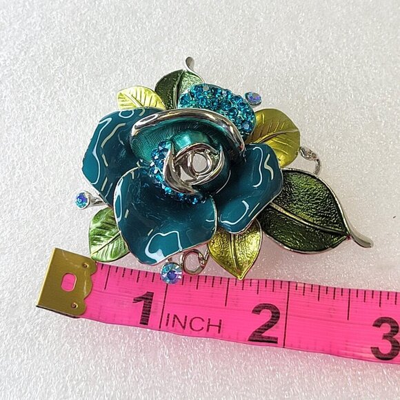 Blue Rose Enamelled Rhinestone Pendant and Brooch - Picture 6 of 10